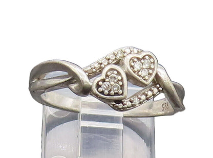 925 Sterling Silver  Vintage Swirly Hearts Inlay Diamonds Ring Sz 7  RG27008