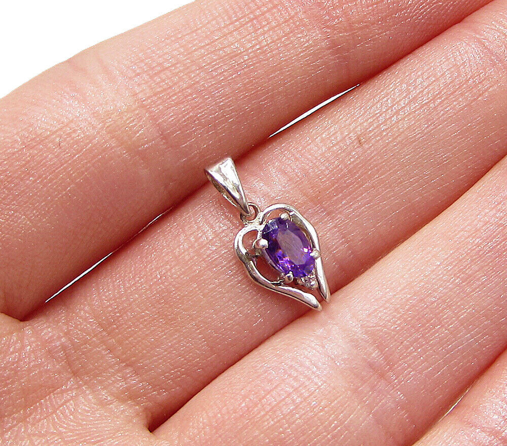 925 Sterling Silver  Amethyst & Cubic Zirconia Love Heart Drop Pendant  PT1994