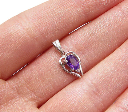 925 Sterling Silver  Amethyst & Cubic Zirconia Love Heart Drop Pendant  PT1994