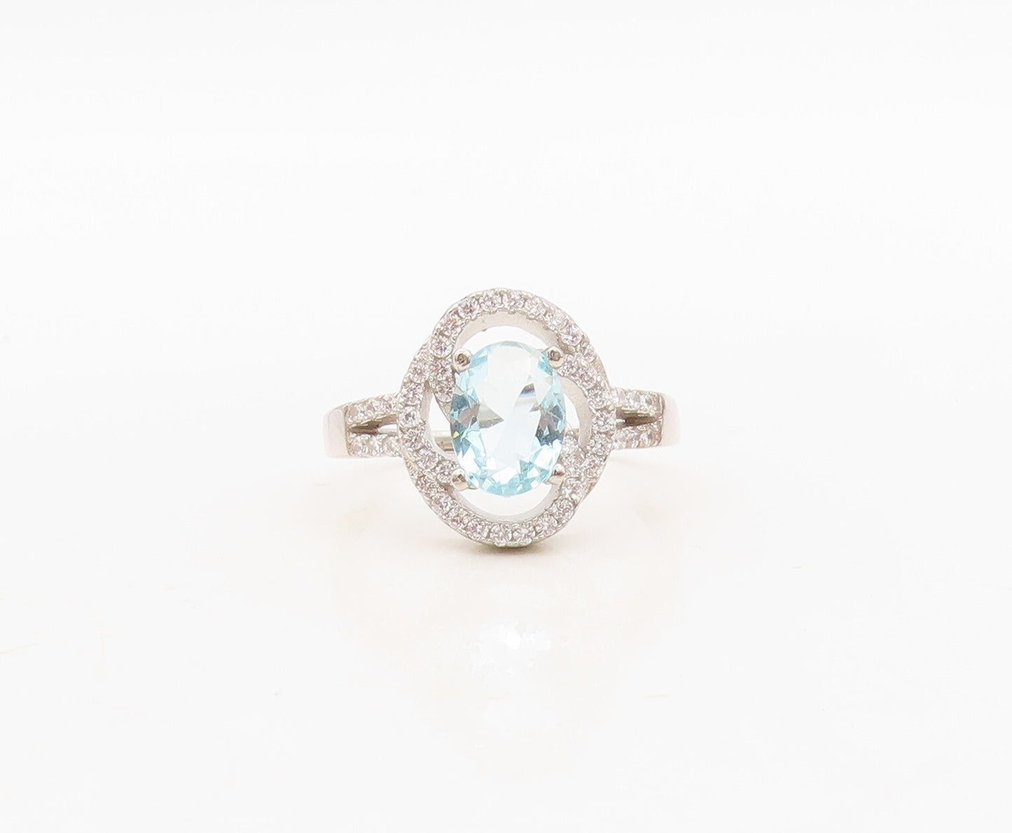 925 Sterling Silver Vintage Ring Designer Oval Blue & White CZ  Sz 7 RG30504