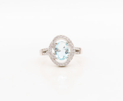 925 Sterling Silver Vintage Ring Designer Oval Blue & White CZ  Sz 7 RG30504