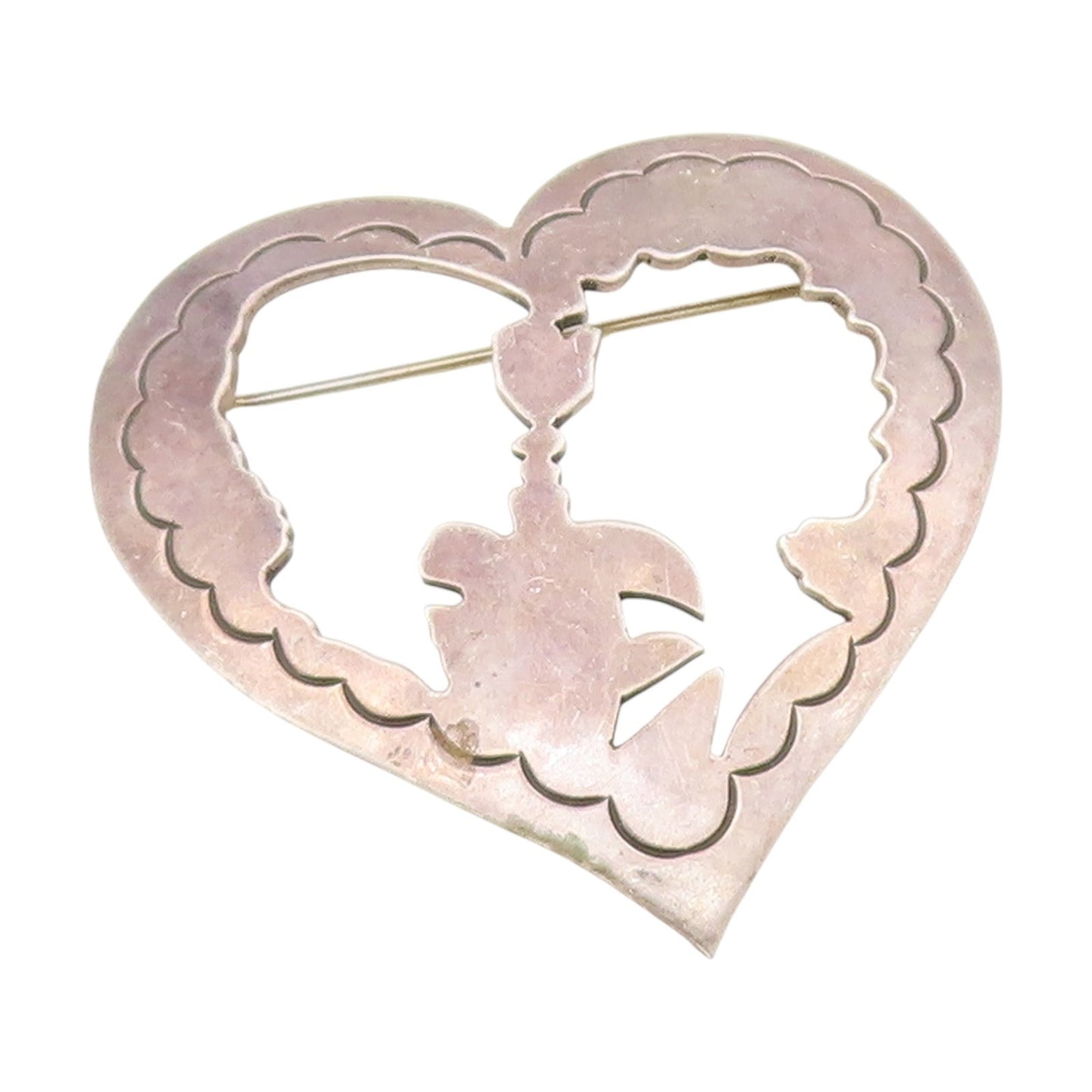 925 Sterling Silver Vintage Brooch MEXICO Cutout Couple In Love Heart  BP12134