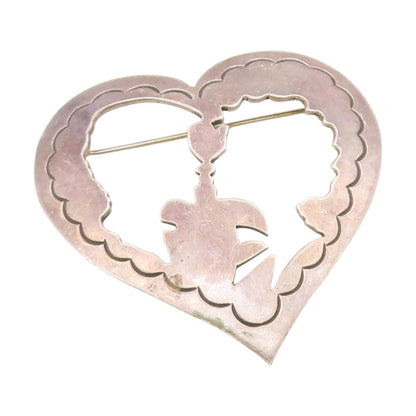 925 Sterling Silver Vintage Brooch MEXICO Cutout Couple In Love Heart  BP12134