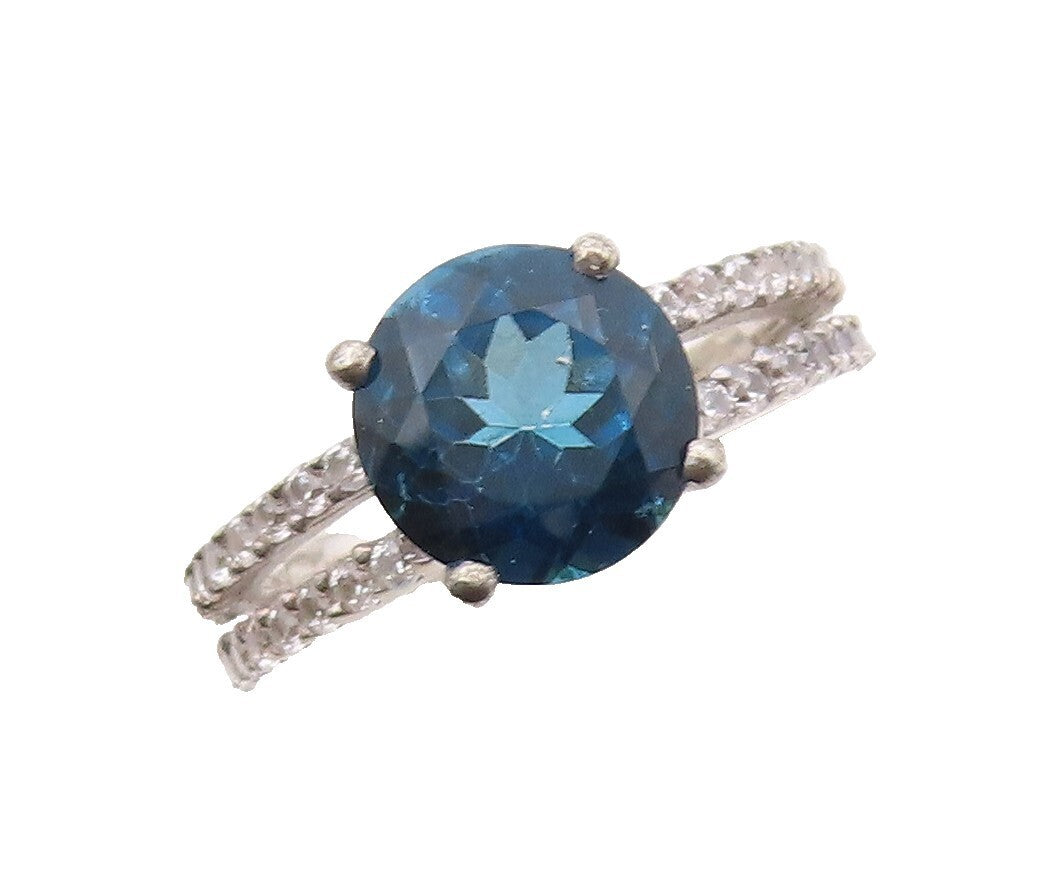 925 Sterling Silver Vintage Ring Round Blue Cutout White Topaz  Sz 7  RG30884