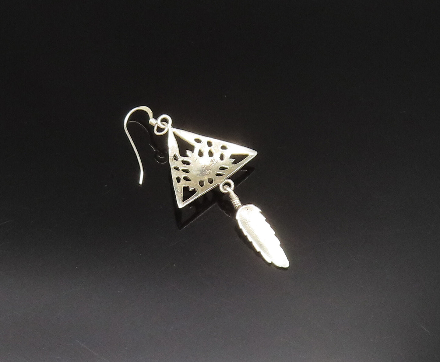 925 Silver  Vintage Open Floral Turquoise Triangle & Feather Earrings  EG11931