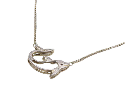 925 Sterling Silver  Vintage Dark Tone Cutout Dolphin Chain Necklace  NE3251