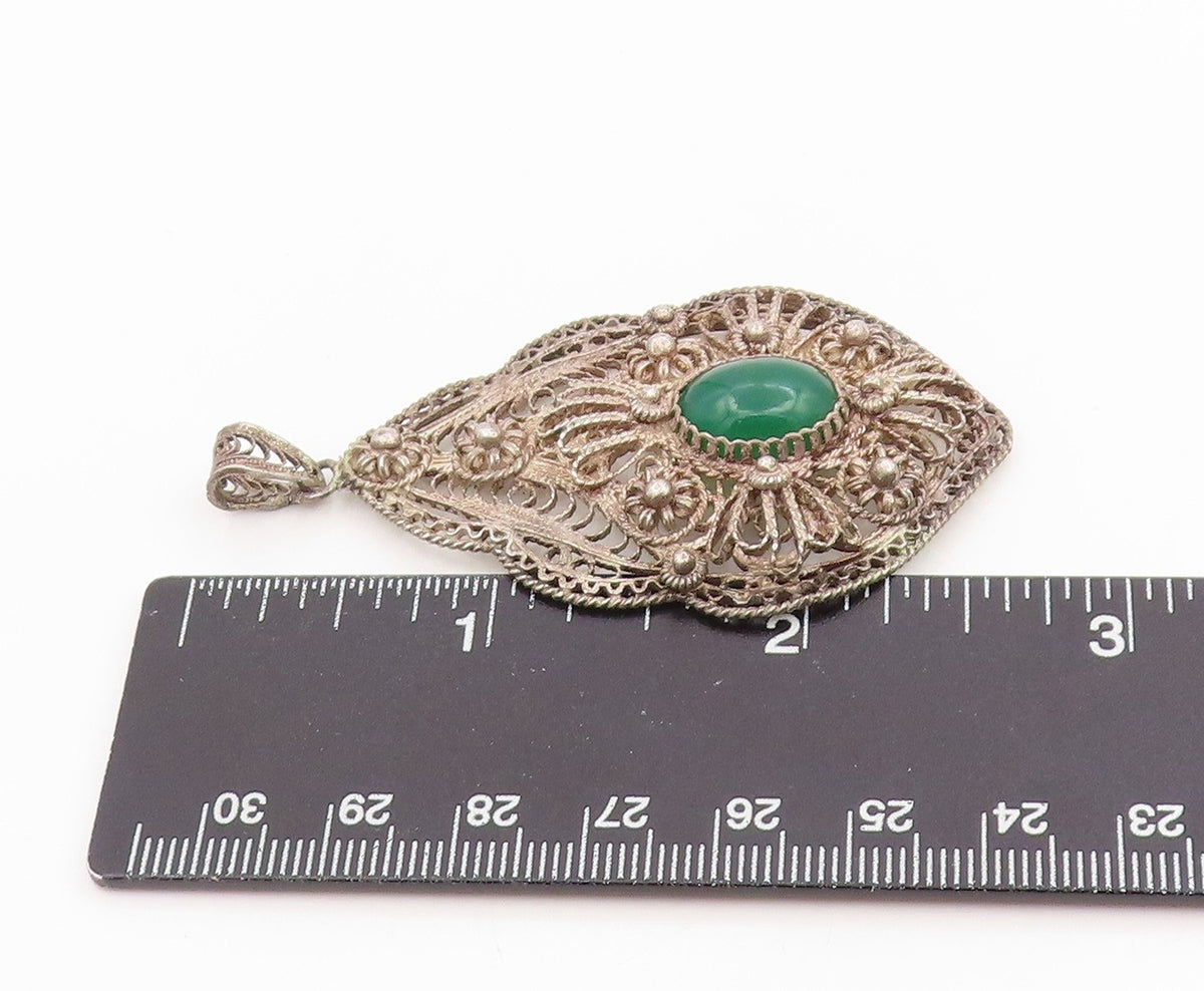 925 Sterling Silver Vintage Pendant Green Onyx Intricate Filigree Locket PT26253
