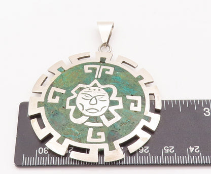 925 Sterling Silver Vintage Pendant TAXCO Carved Sun Inlay Turquoise  PT23116