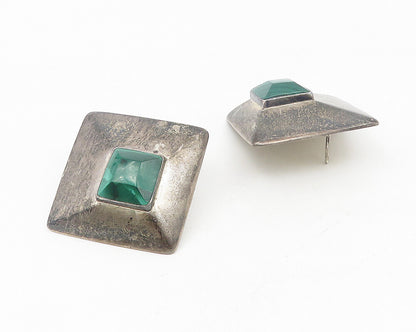 MEXICO 925 Sterling Silver  Vintage Malachite Square Dome Drop Earrings EG5554
