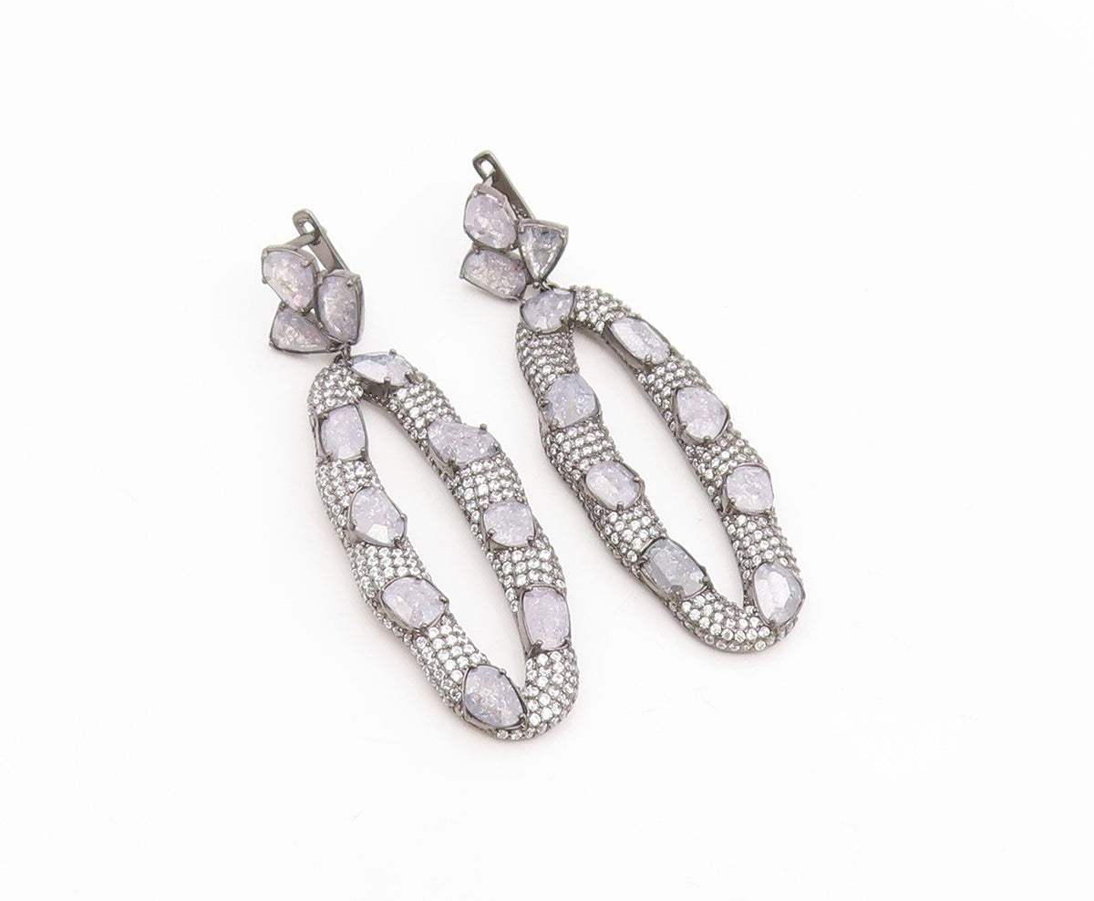 925 Sterling Silver Vintage Earrings Drusy Quartz & Topaz Oval Drop  EG14234