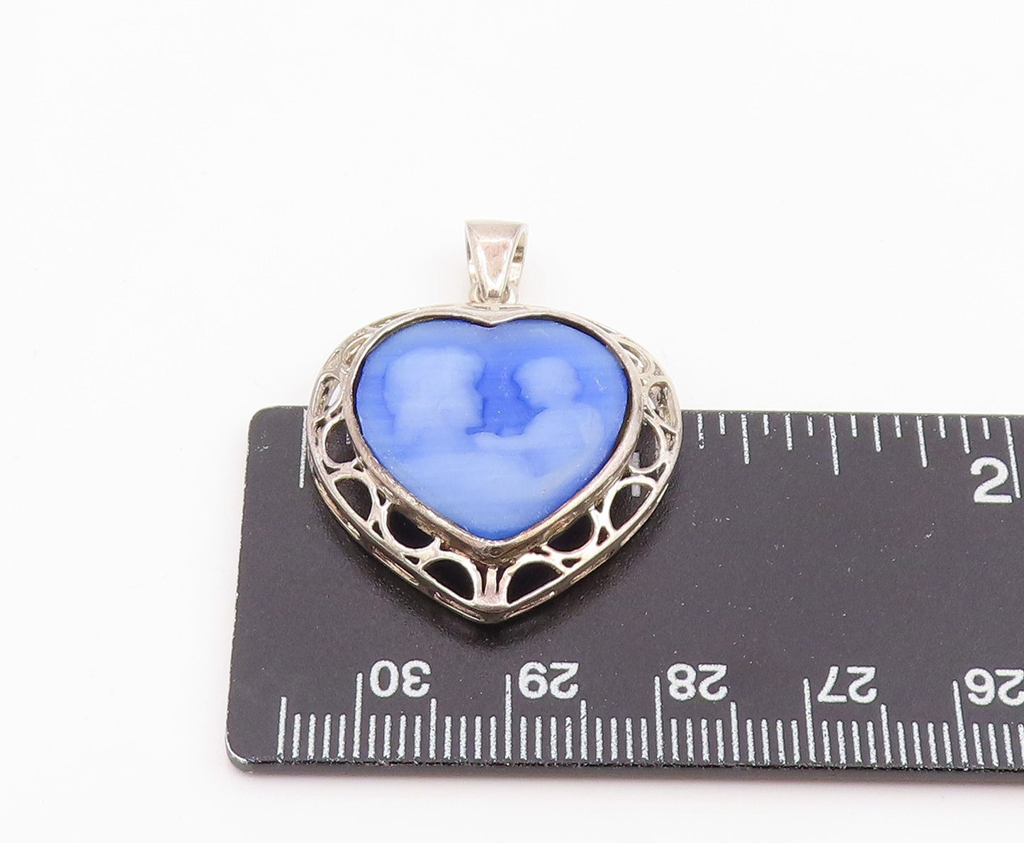 925 Sterling Silver Vintage Pendant Blue Agate Mother & Baby Cameo Charm PT25987