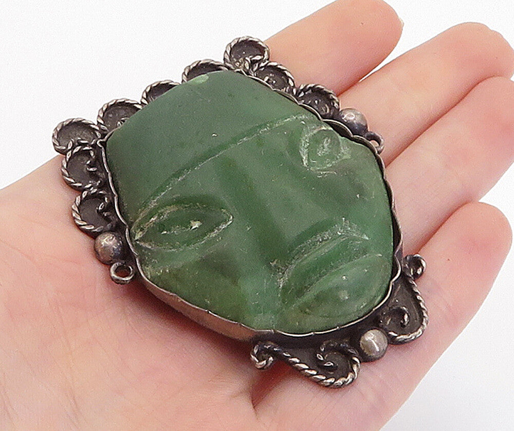 MEXICO 925 Silver  Vintage Antique Face Carved Gemstone Brooch Pin  BP2881