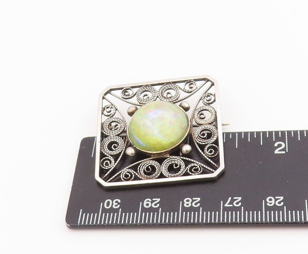 925 Sterling Silver Vintage Brooch Round Cabochon Gemstone Filigree Pin  BP11997