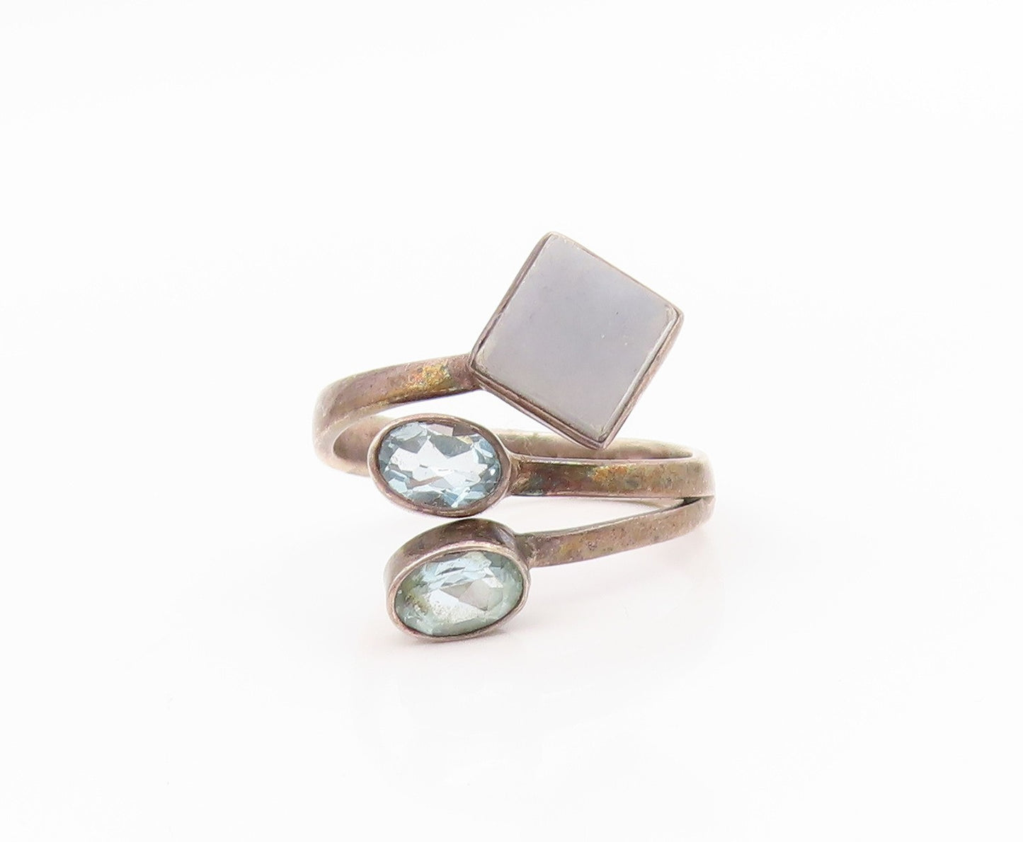 925 Sterling Silver Vintage Ring Blue Topaz & Gemstone Bypass Band Sz 8 RG34633