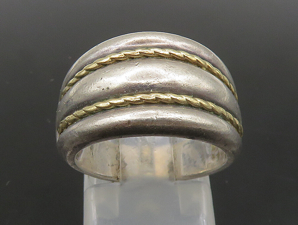 925 Silver & 14K GOLD  Vintage Two Tone Rope Twist Dome Band Ring Sz 6 RG23689
