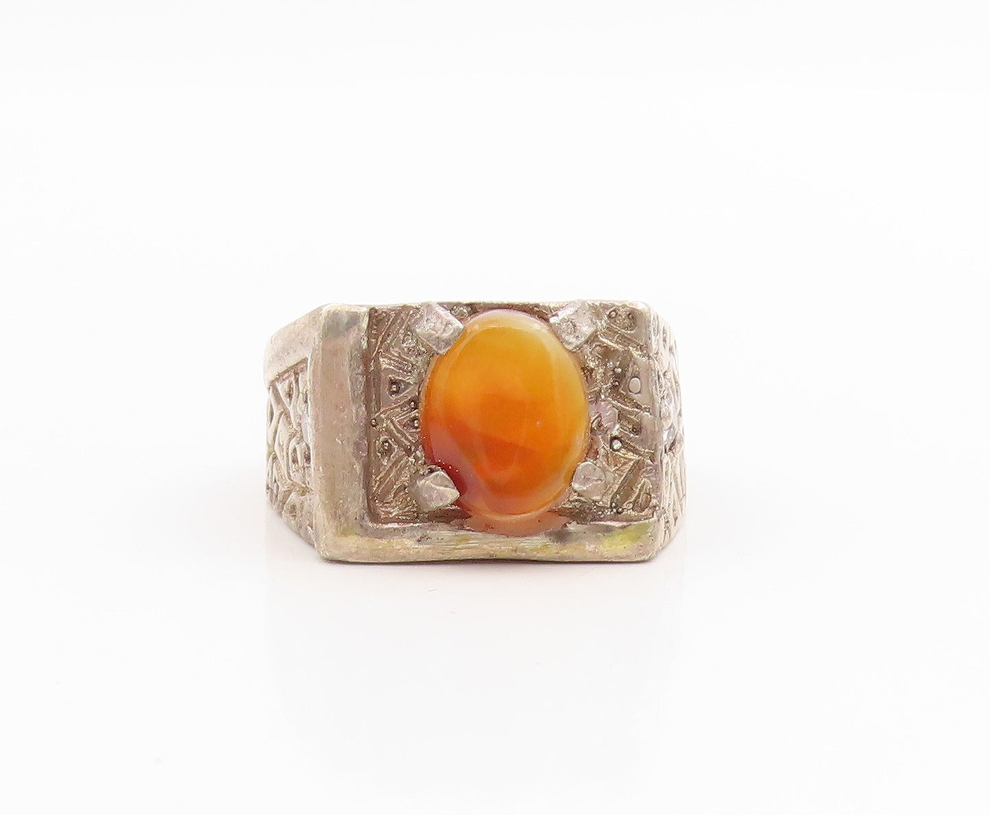 925 Sterling Silver Vintage Ring Agate & Topaz Etched Signet  Sz 10.5  RG33945