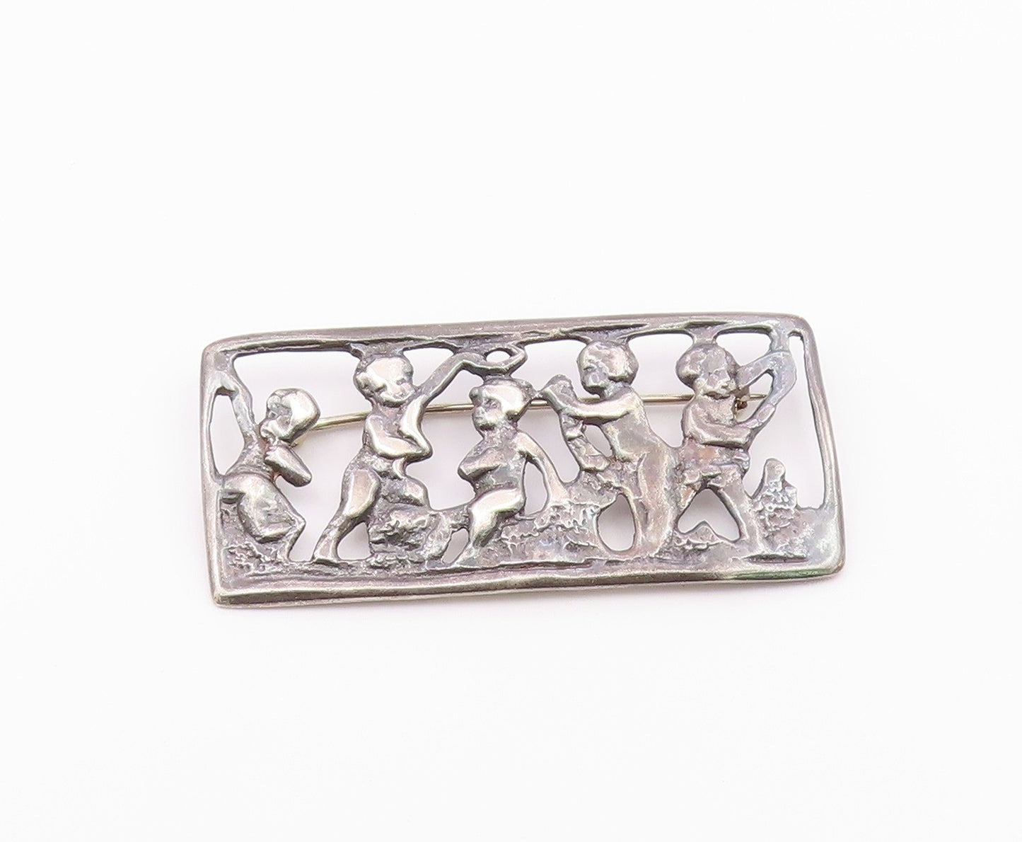 925 Sterling Silver  Vintage Oxidized Children Scene Square Brooch Pin  BP4649