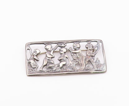 925 Sterling Silver  Vintage Oxidized Children Scene Square Brooch Pin  BP4649