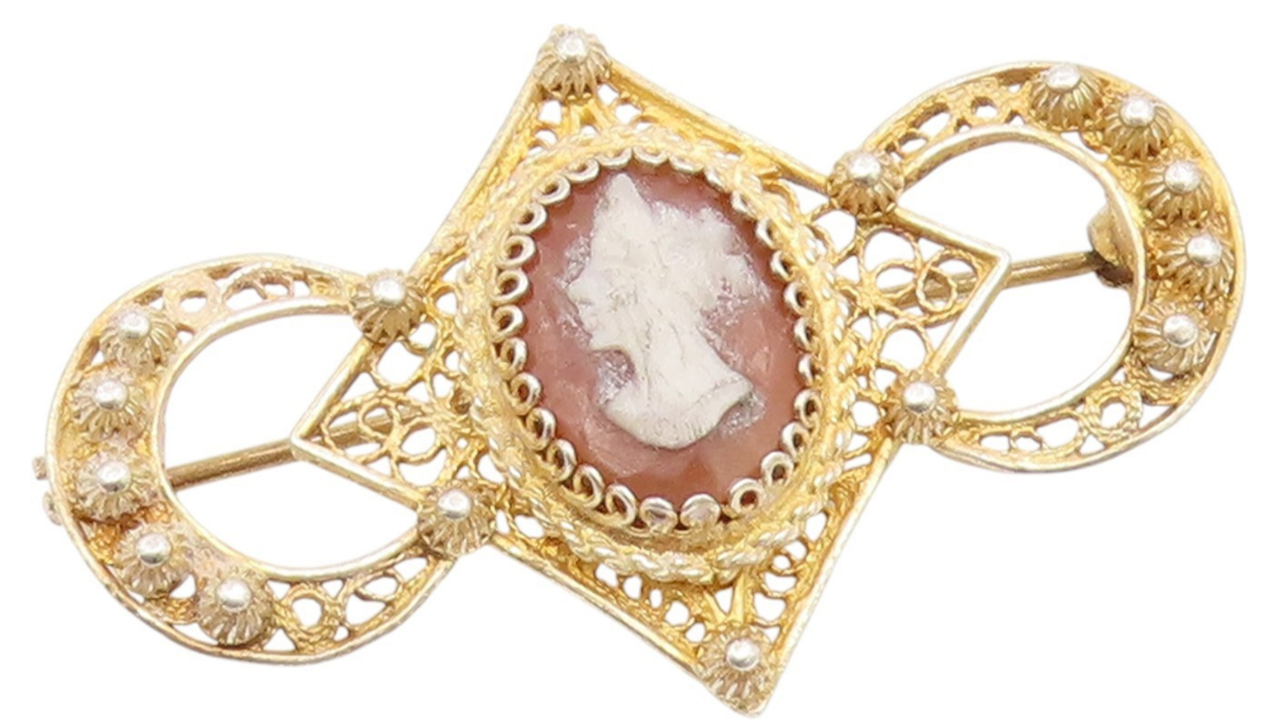 925 Sterling Silver Vintage Brooch Pin Gold Plated Carved Cameo Filigree BP12413