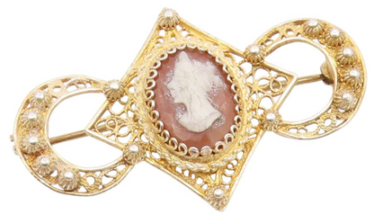 925 Sterling Silver Vintage Brooch Pin Gold Plated Carved Cameo Filigree BP12413