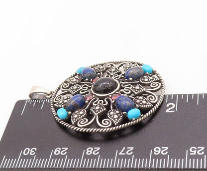 925 Sterling Silver Vintage Pendant Dark Tone Cutout Gemstone Inlay PT23648