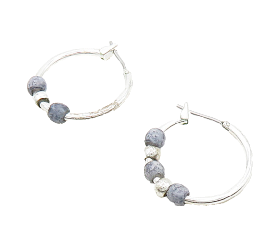 925 Sterling Silver  Vintage Sodalite Beaded Pattern Hoop Earrings  EG9738