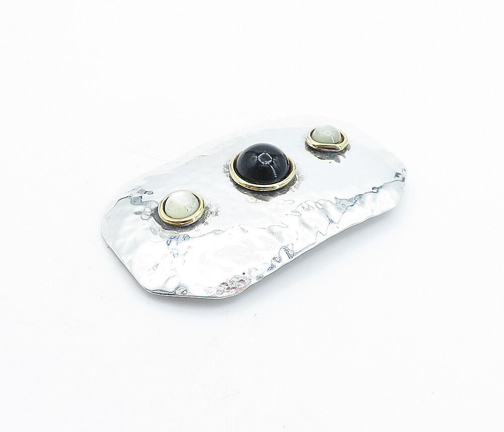 925 Sterling Silver  Vintage Black Onyx & Mother Of Pearl Brooch Pin  BP2600