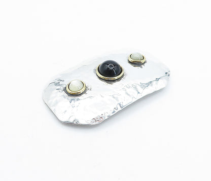 925 Sterling Silver  Vintage Black Onyx & Mother Of Pearl Brooch Pin  BP2600