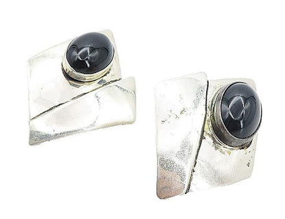 925 Sterling Silver  Vintage Cabochon Cut Black Onyx Drop Earrings  EG4150