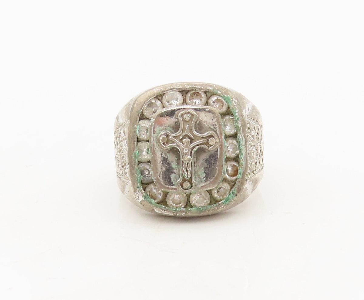 925 Silver  Vintage Carved Religious Cross Inlay CZ Solid Ring Sz 8  RG27079