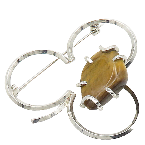 925 Sterling Silver  Vintage Tiger's Eye Shiny Clove Motif Brooch Pin  BP7317