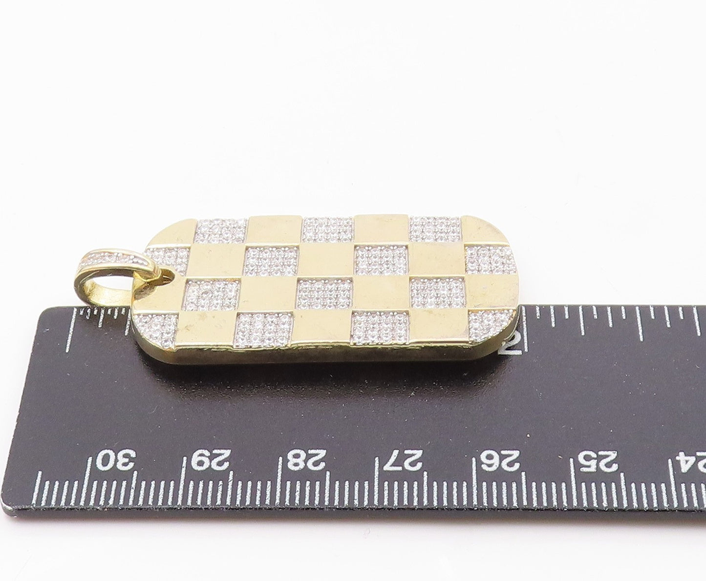 925 Sterling Silver  Shiny Cubic Zirconia Checkered Dog Tag Pendant  PT11125