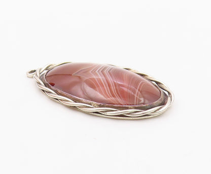 DESIGNER 925 Sterling Silver Vintage Twisted Border Oval Agate Pendant PT21038