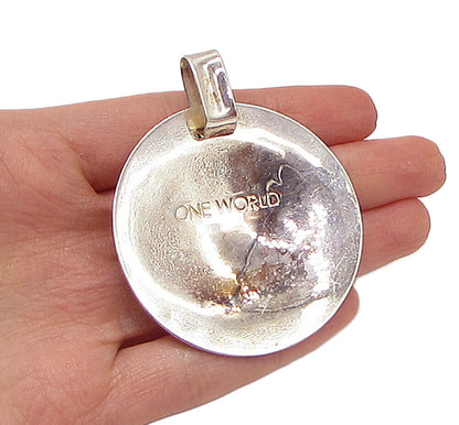 925 Sterling Silver  Vintage One World Concave Plate Drop Pendant  PT2336