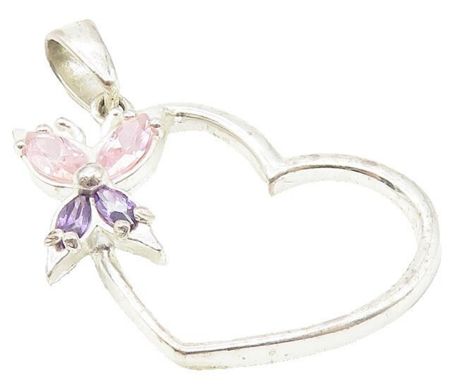 925 Sterling Silver  Amethyst & Pink Topaz Butterfly Heart Pendant  PT8649