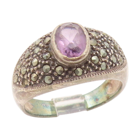 925 Sterling Silver Vintage Ring Amethyst & Marcasite Dome Band  Sz 9  RG34938