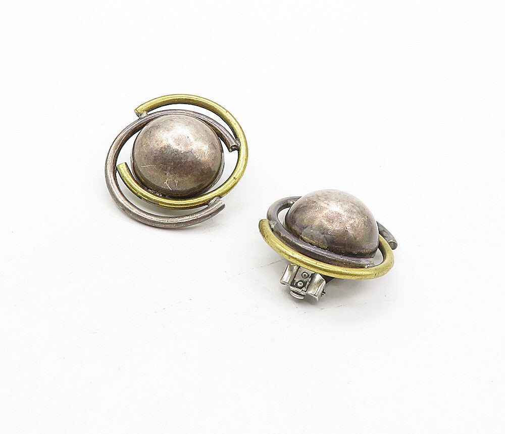 MEXICO 925 Sterling Silver  Vintage Two Tone Dome Non Pierce Earrings  EG3838