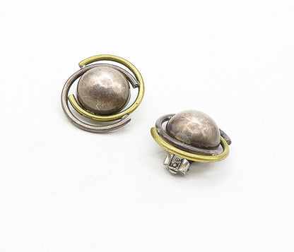 MEXICO 925 Sterling Silver  Vintage Two Tone Dome Non Pierce Earrings  EG3838
