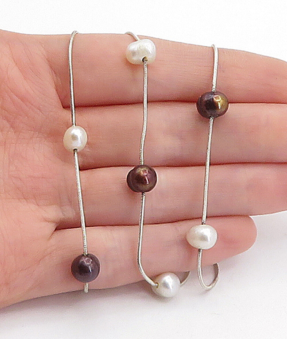 925 Sterling Silver  Vintage Pearls Love Heart Snake Chain Necklace  NE1092