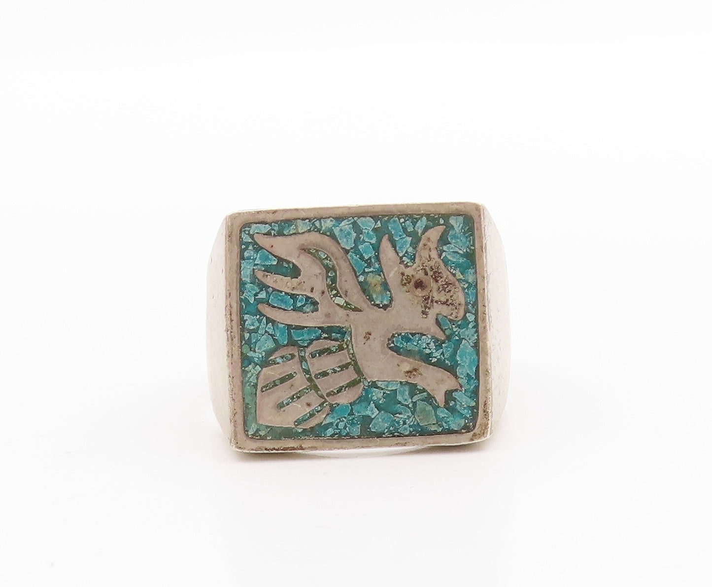 925 Sterling Silver Vintage Ring Crushed Turquoise Flying Bird  Sz 9  RG33282