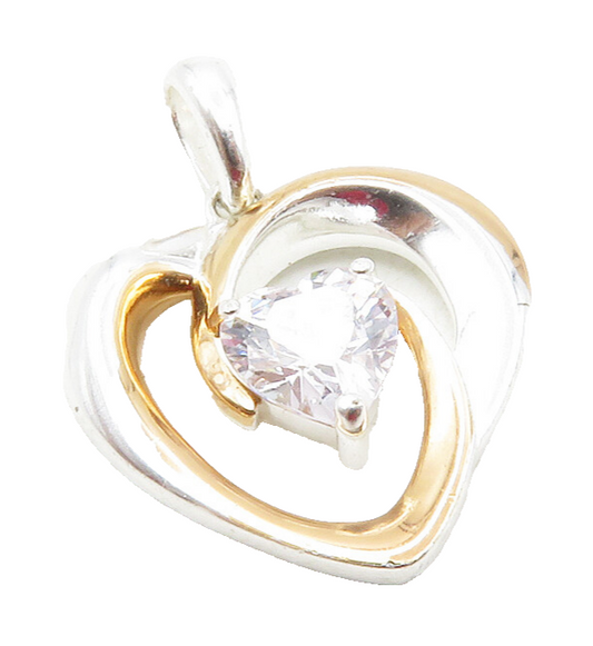 925 Sterling Silver  Shiny Cubic Zirconia Two Tone Love Heart Pendant  PT9976