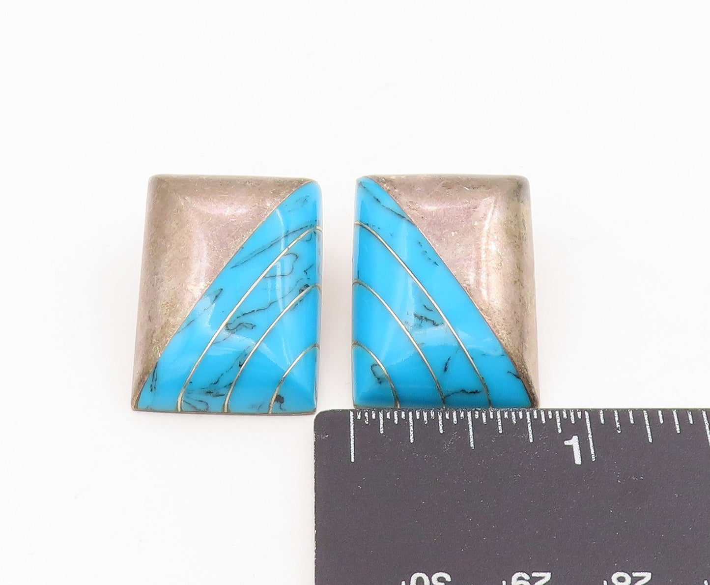 925 Sterling Silver Vintage Earrings MEXICO Turquoise Geometric Inlay  EG13894