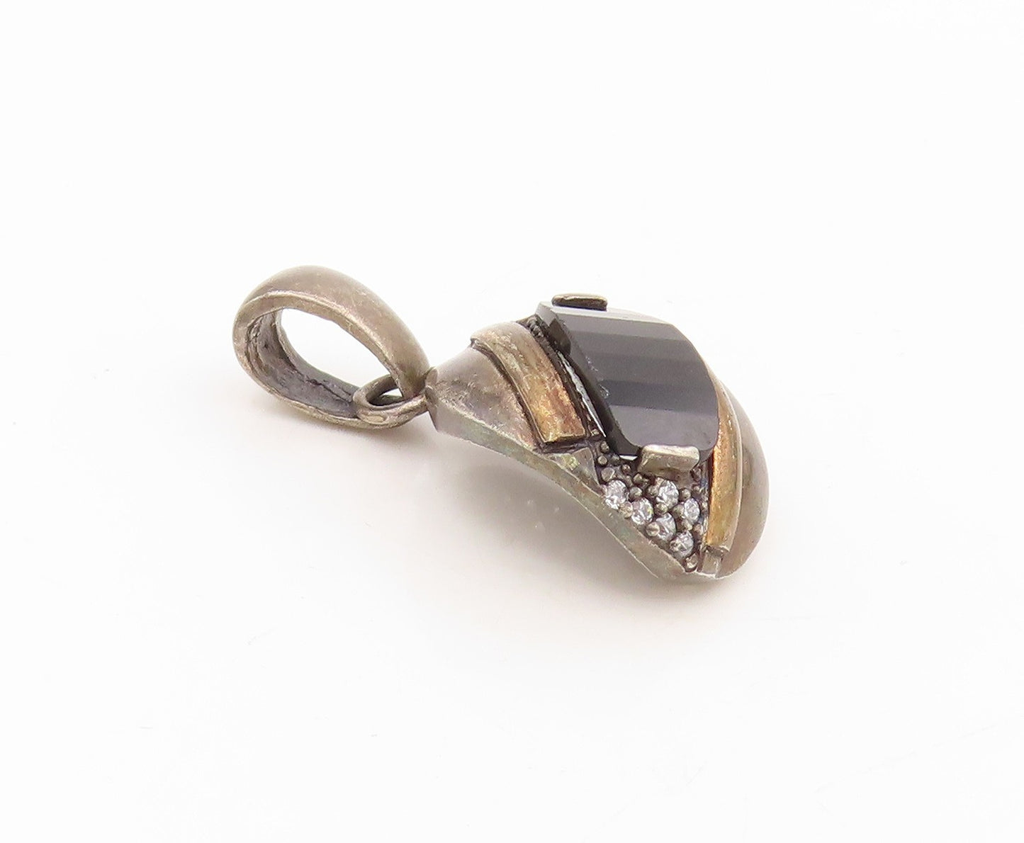 10k Gold & 925 Sterling Silver Vintage Pendant Black Onyx & CZ Charm  PT25401