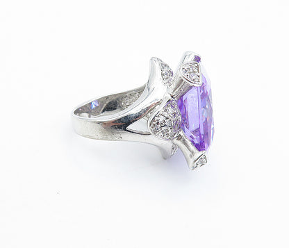 925 Sterling Silver  Sparkling Purple Cubic Zirconia Cocktail Ring Sz 7 RG7286