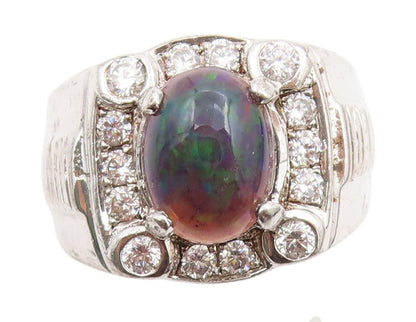 925 Sterling Silver Vintage Ring Oval Opal & Halo CZ Geometric Band Sz 7 RG33925