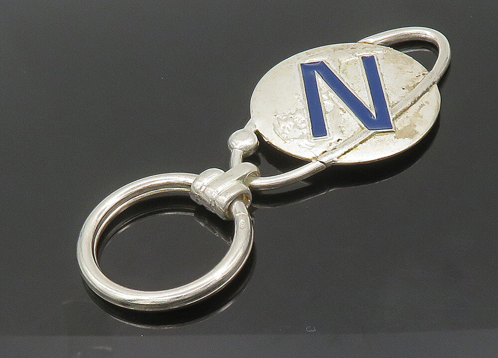 925 Sterling Silver  Vintage Enamel N Initial Round Heavy Key Chain  TR2940
