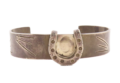 925 Sterling Silver Vintage Bracelet Dark Tone Horse Shoe Good Luck Cuff BT10976
