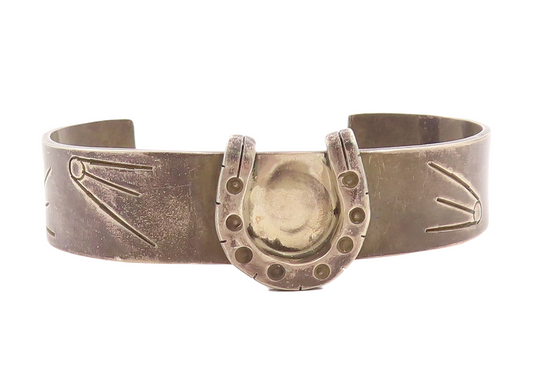 925 Sterling Silver Vintage Bracelet Dark Tone Horse Shoe Good Luck Cuff BT10976