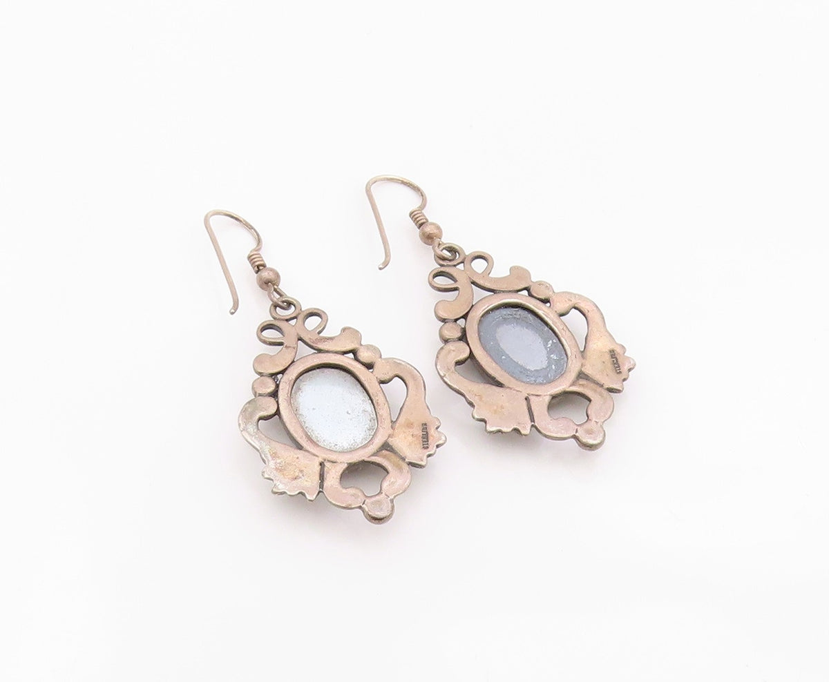 925 Sterling Silver Vintage Earrings Classic Hematite Scrollwork Dangle  EG14384