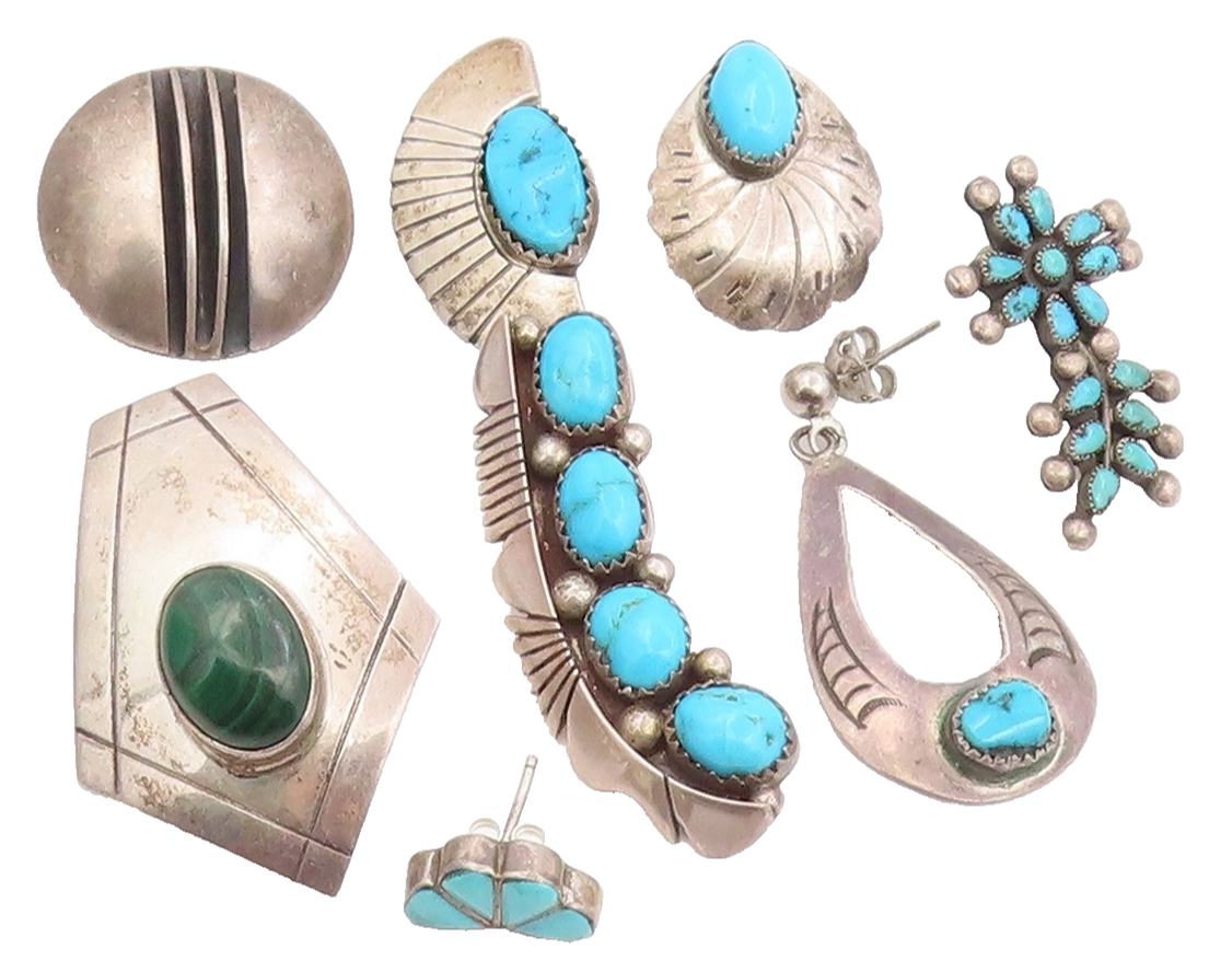 925 Sterling Silver Vintage Earrings NAVAJO ZUNI Gemstone Single Lot  EG14290